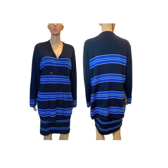 80s RODIER Dark Blue Knit Skirt Suit | Oversized Blazer Cardigan & Pencil Skirt - Picture 2 of 10